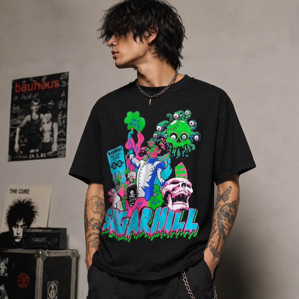 Sugarhill Mens Mad Scientist Stay Awake Graphic T-Shirt Sz‎ L Black Neon